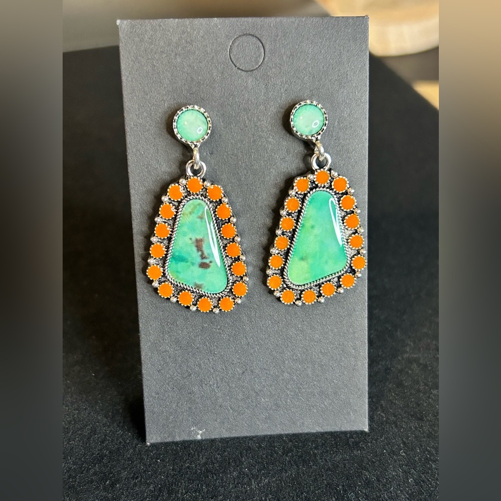 #511 | Turquoise & Coral Color Inlay |  Post Dangle Earrings